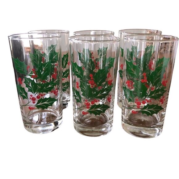 Vintage Indiana Glass Made in USA Holly Christmas 12oz Drinking Glasses - Picture 3 of 8